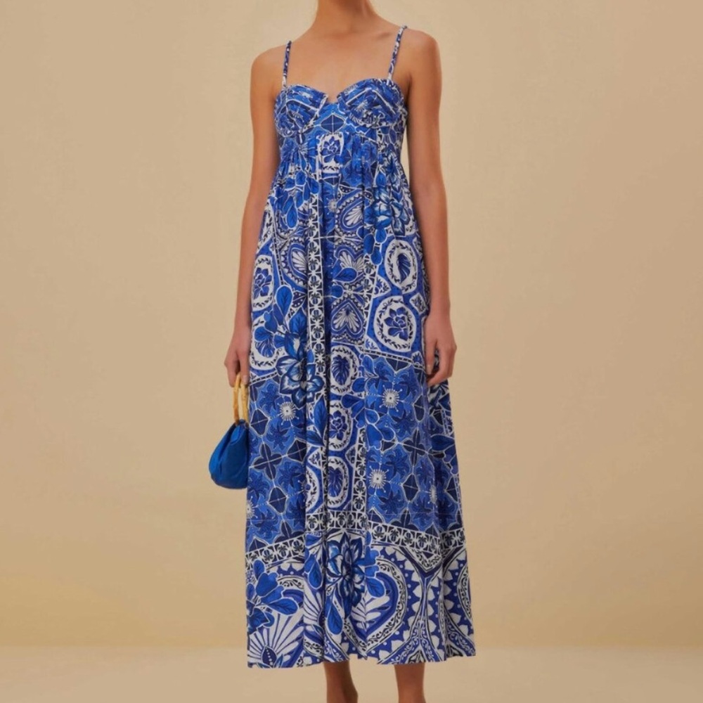 Farm Rio Blue Tile dream Sleeveless
Maxi Dress Size M NWT